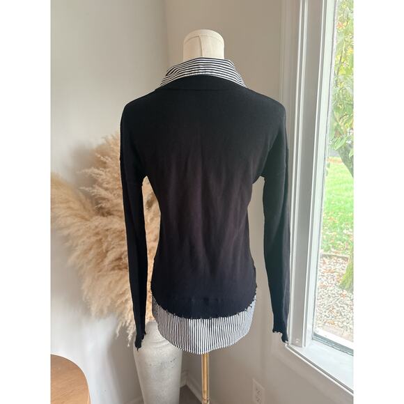 J. Society Black Layer Sweater Size XS Stripe Collared V-Neck Fray Hem - Picture 6 of 9